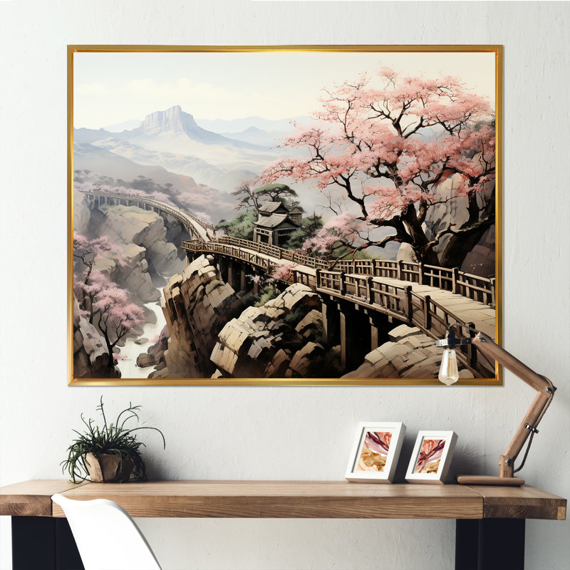 Rose, paysage floral japonais, paysage II, Cadre flottant doré, H 34 po x l 44 po x P 1,5 po