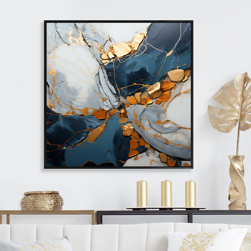 Or doré et bleu, art à l'encre III - encre liquide, art mural abstrait, Cadre flottant noir, H 30 po x l 30 po x P 1,5 po