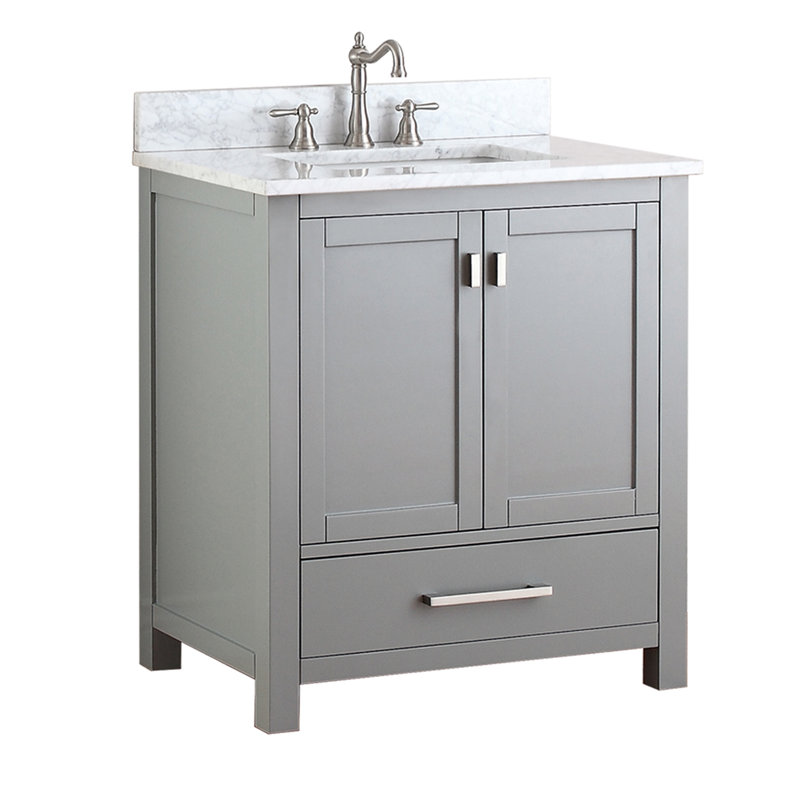 Meuble-lavabo simple 30 po avec plateau Souther, Gris givré, Marbre blanc de Carrare, Nickel brossé