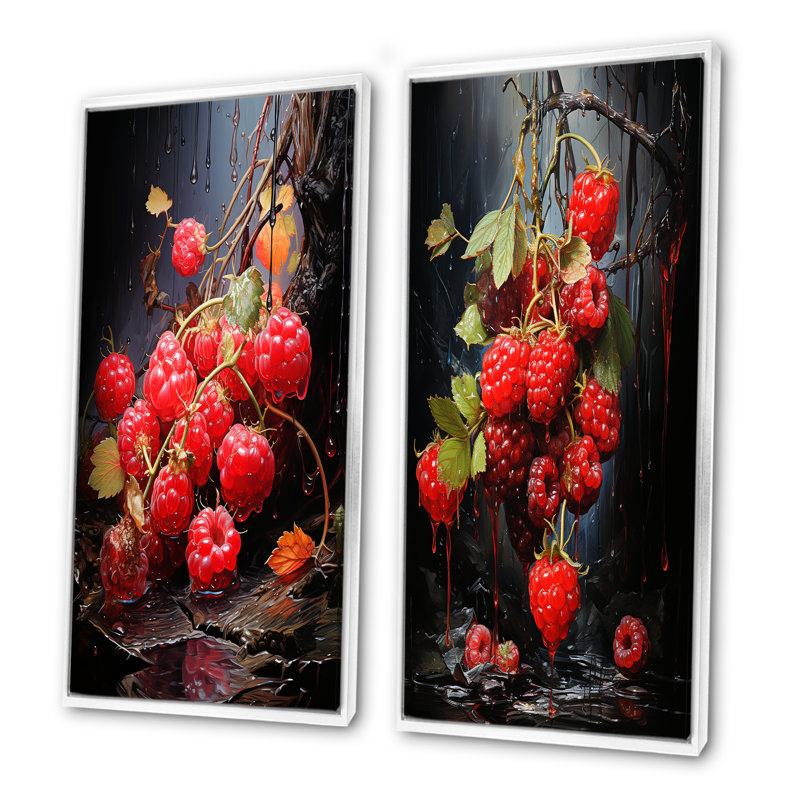 Rubis en relief, fruit framboise - ensemble d'art mural sur toile 2 fruits, Cadre blanc, H 40 po x l 41 po