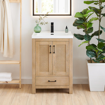 Meuble-lavabo simple 24 po en brun clair avec lavabo encastré en céramique blanc sans miroir Bondi