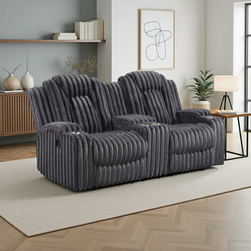 Bantry 74.5" Modern & Contemporary Corduroy Manual Double Reclining Loveseat with Space-Saving Wall-Hugger Design, Center Storage Console & 4 Cup Holders