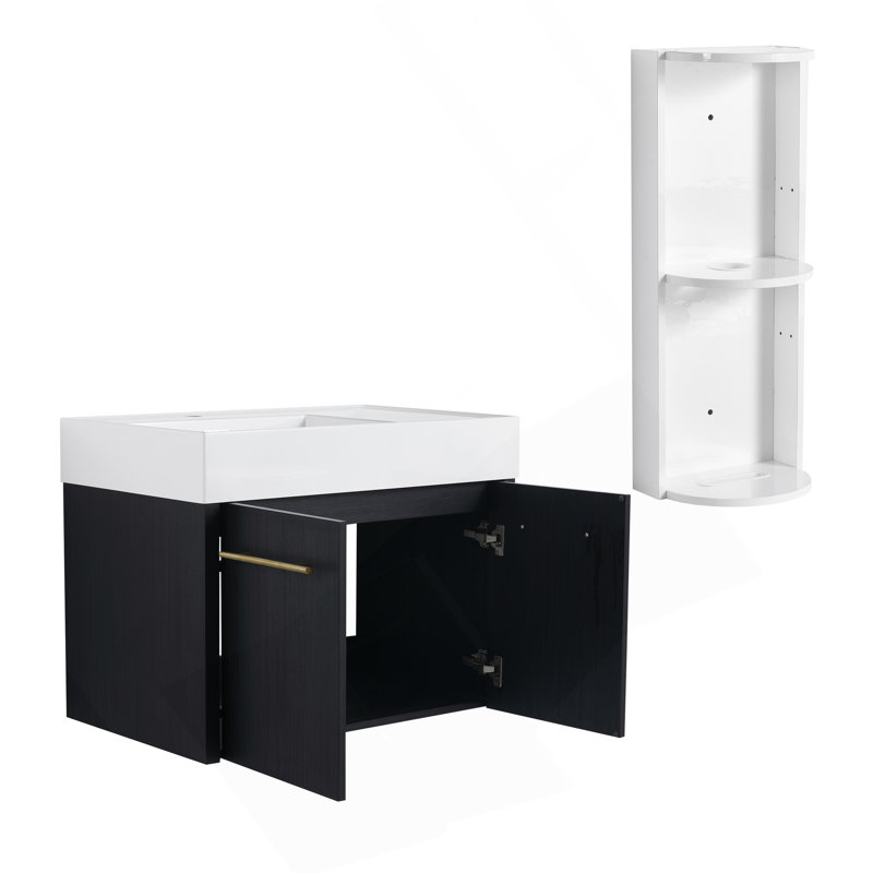 Meuble-lavabo mural 30 po avec lavabo et support de rangement, cuve gauche en résine épaisse, Gauche, 30"