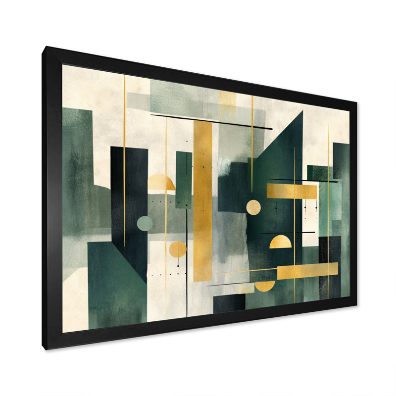 «Gold Green Parallel Universes - Abstract Shapes», art mural, H 34 po x l 44 po x P 1,5 po, Cadre simple noir