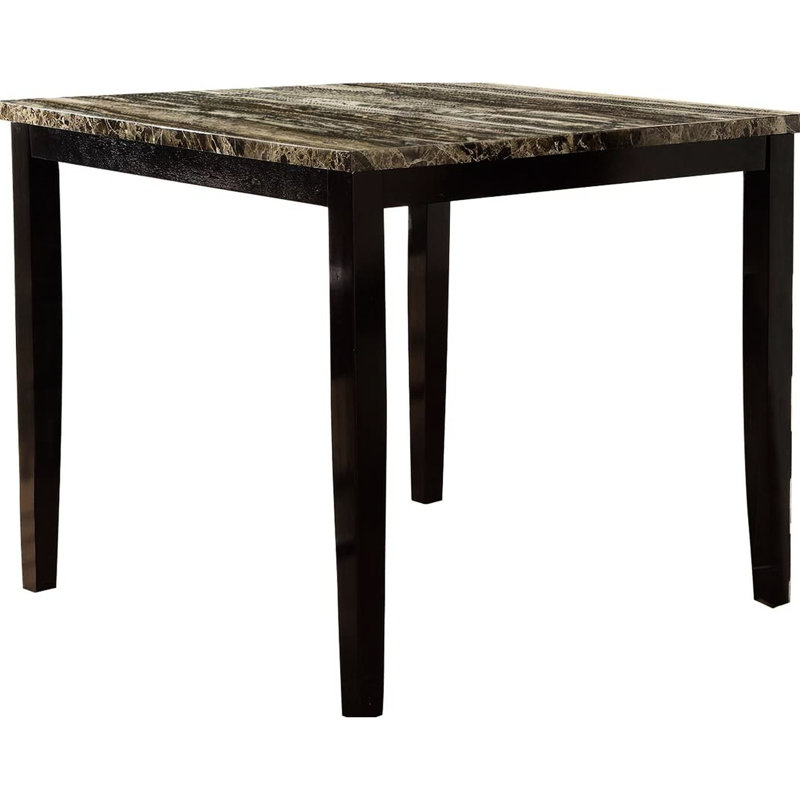 Table de salle à manger moderne avec plateau en faux marbre brun foncé avec base et structure en placage de bouleau