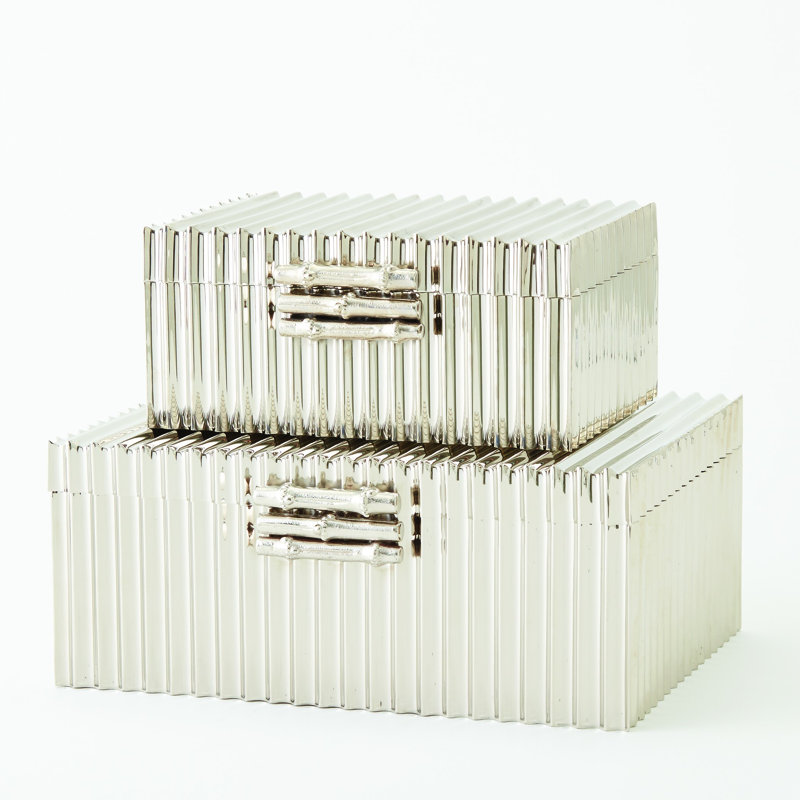 Corrugated Bamboo Box-Brass-Lg, Nickel, 4" H x 9" W x 6" D
