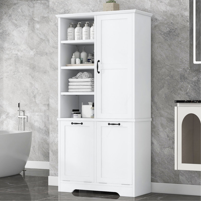 Armoire de rangement pour salle de bain avec portes et tiroirs, panier à linge inclinable, plusieurs espaces de rangement, style autoportant, tablette ouverte, tablette réglable, blanc