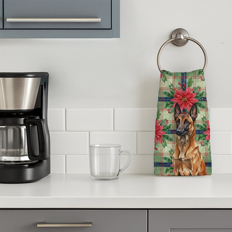 Mahogany Belgian Malinois Christmas PoinsettIas Kitchen Towel, Mahogany Belgian Malinois