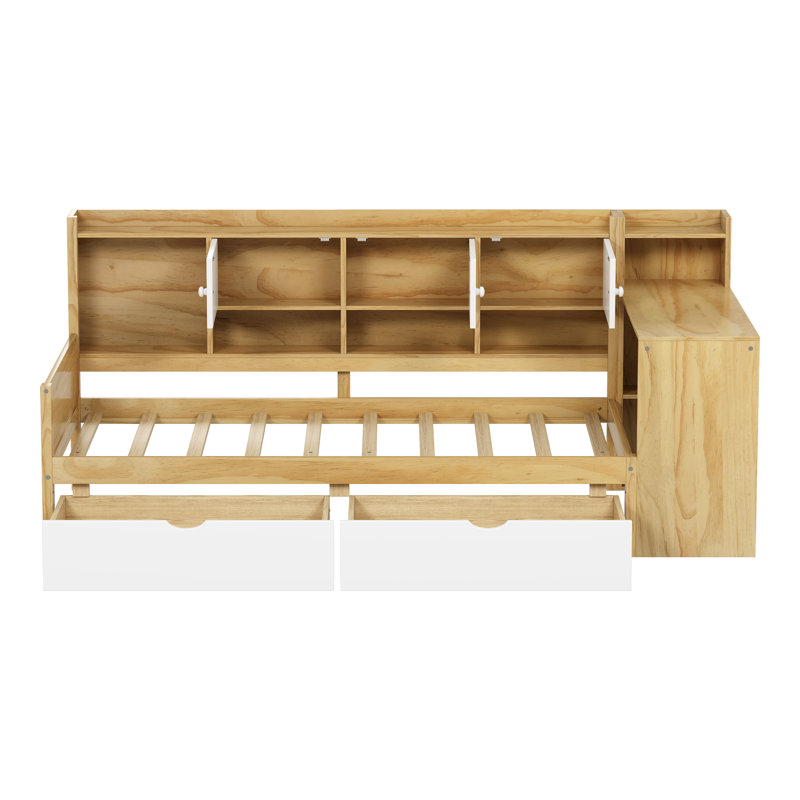 Lit de jour simple en L avec options de rangement - blanc naturel fonctionnel