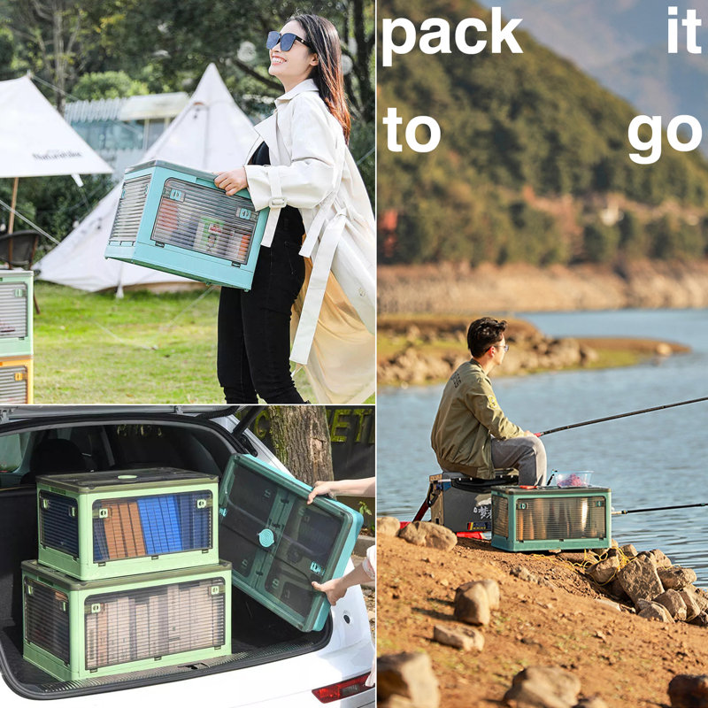 Medium Collapsible Storage Box Bin, 5 Side Clear Open Access Stackable w/ Lid, Wheels, Blue, 9.44" H x 18.7" W x 13.97" D