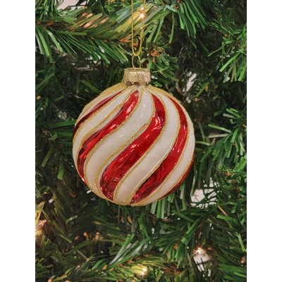  Red and White Striped Candy Ball Glass Christmas Ornament F07M7-19-LH76-2201