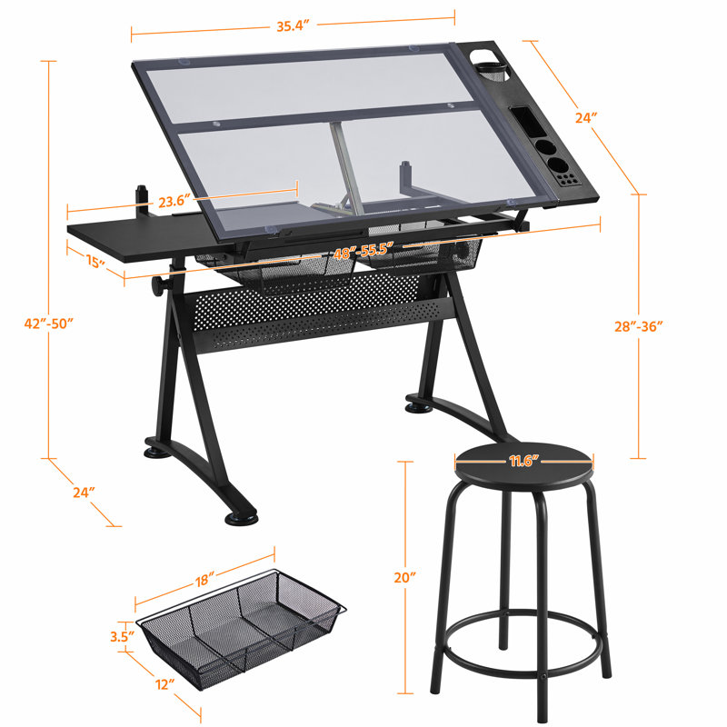 Adjustable Height Tempered Glass Steel Drafting Table