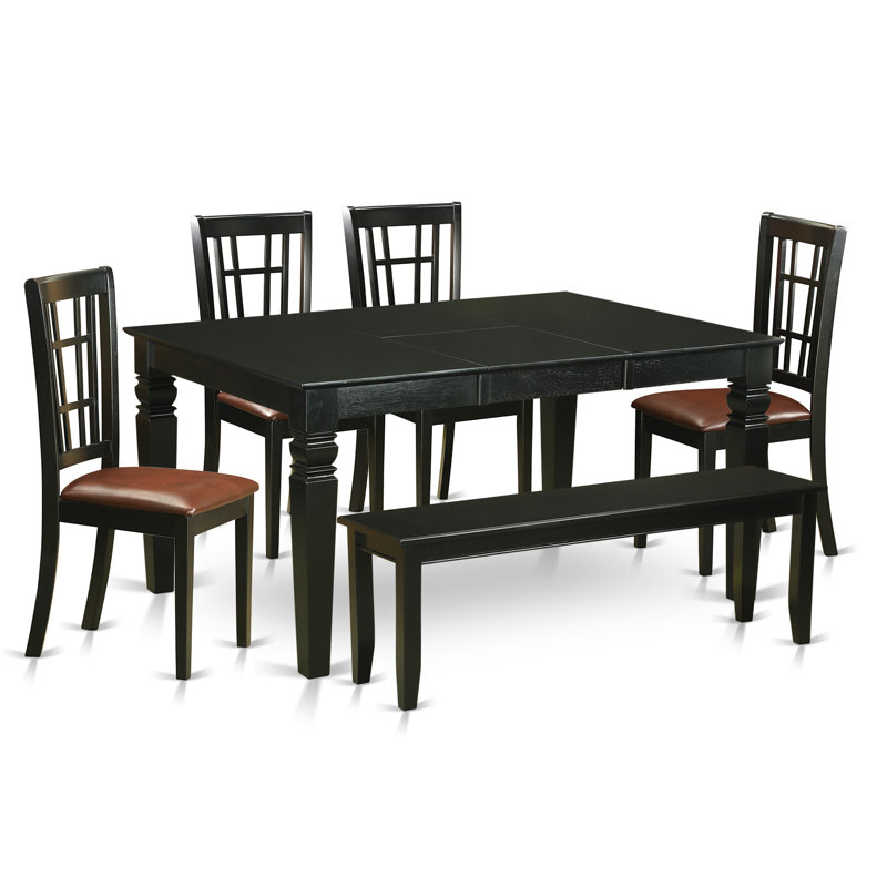 6 Piece Dining Room Table Set Contains a Rectangle Kitchen Table with Butterfly Leaf and 4 Faux Leather Dining Chairs with a Bench, Black