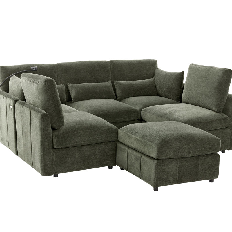 85.4" Modular With , Ports, Phone Holder, And Comfortable Footrest For Living Room L-Shaped Sectional Bed Design, Movable Charging, Soft Seat Back