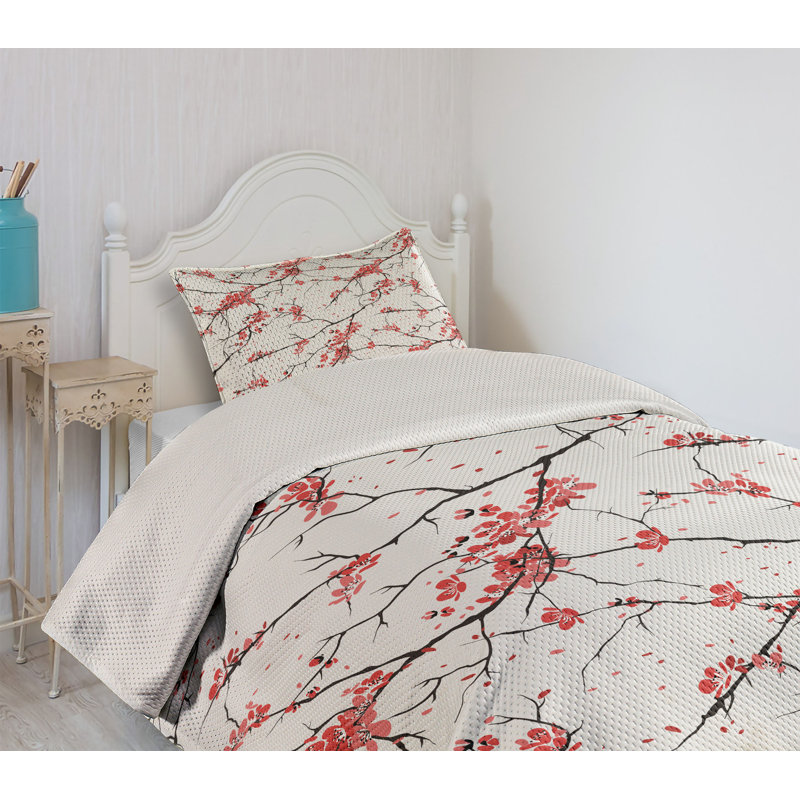 White Twin Quilted Bedspread Set with Floral Design