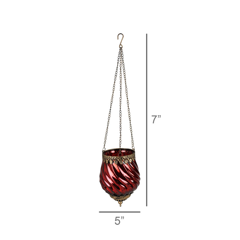 Lanterne suspendue Fès, verre, chaîne, H 7 po x l 5 po x P 5 po, Rouge