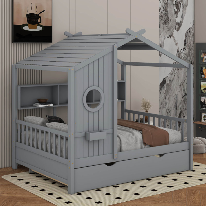 Lit maison avec lit gigogne et tablette de rangement, Gris, Double