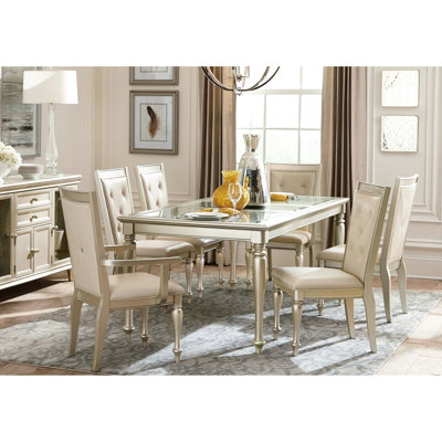 Table de salle à manger moderne à finition argentée avec rallonge amovible et plateau en verre