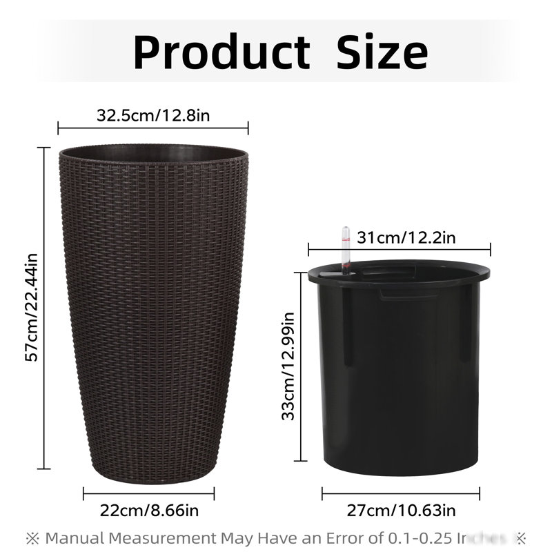 Pot à fleurs en plastique brun avec arrosage automatique, grand pot à fleurs 22,5 pouces, pour jardin / maison