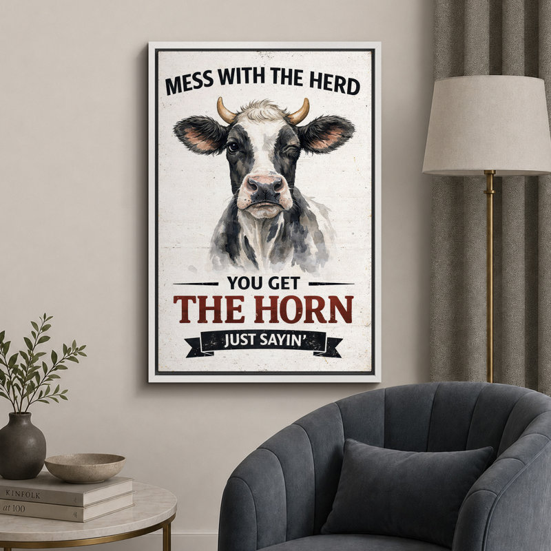 «Mess with the Herd You Get the Horn», citation de vache drôle, photos de salon, impression sur toile encadrée, Cadre blanc