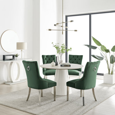 Edward Statement Pedestal Dining Table Set with 4 Luxury Velvet Upholstered Dining Chairs