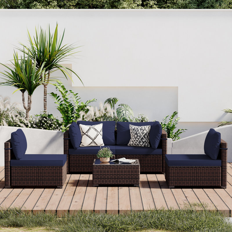 5-piece wicker patio conversation sets with cushions, 5 Pcs, Navy Blue, Brown