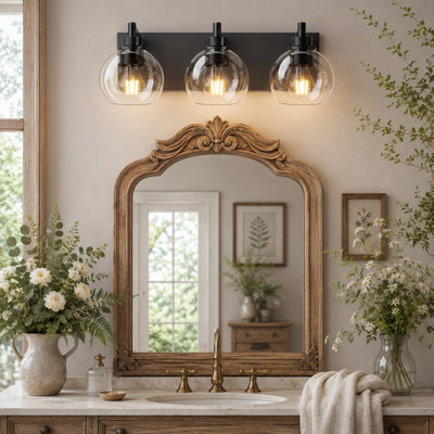 3-light Matte Black Vanity Light With Clear Glass Globe Shade,for Bathroom, Kitchen, Bedroom