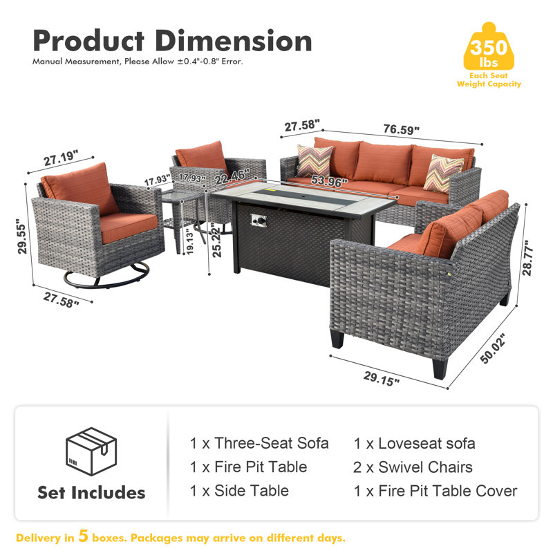 Ensemble de conversation d'extérieur en rotin 7 personnes avec coussins et table de foyer avec chaises berçantes en osier Harbin