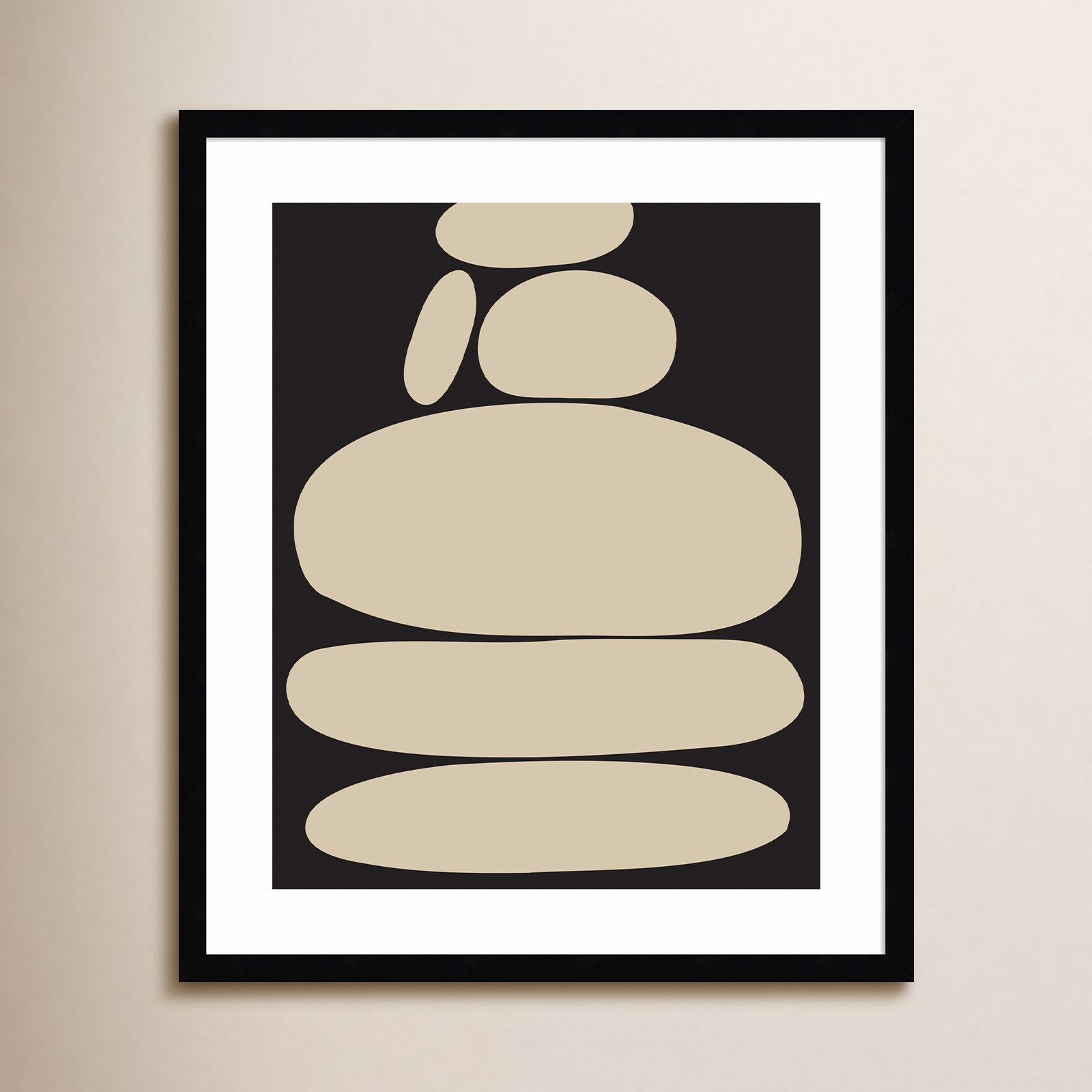 Zen River Rocks Black and Tan Print, 25" H x 21" W, Black Framed