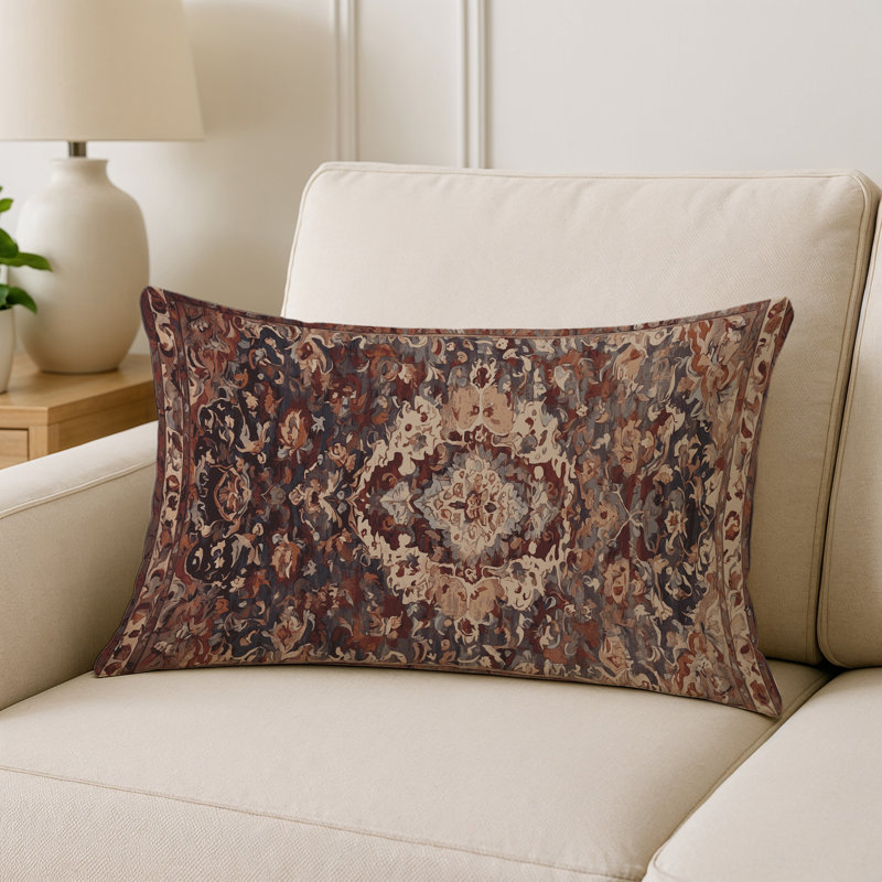 Coussin décoratif intérieur et extérieur Modern, Rectangle H 20 po x l 14 po, Brun / beige / bourgogne damassé