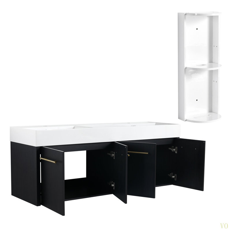 Meuble-lavabo mural 60 po avec lavabo et support de rangement, lavabo double en résine à rebord épais, ensemble KD, Centre