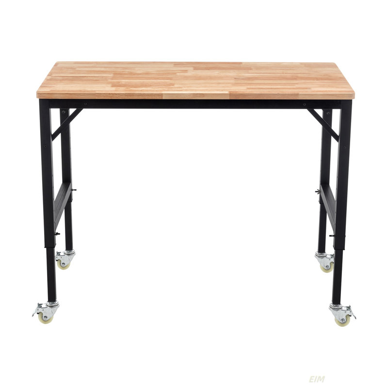 Établi réglable robuste de 48 po pour le garage, table d'atelier en bois d'hévéa avec roues en métal, poste de travail en bois franc, capacité de poids de plus de 2000 lb avec roues