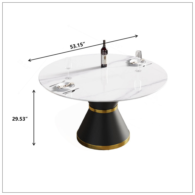 53.15"Modern Artificial Stone Round Black Carbon Steel Base Dining Table-Can Accommodate 6 People, White