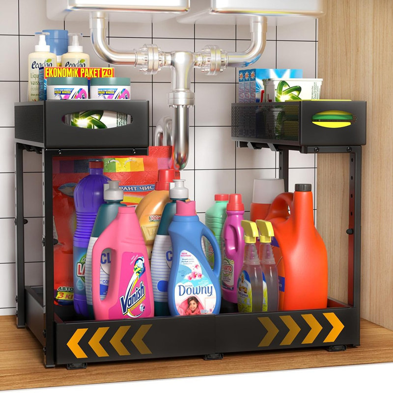 Rangement extensible sous l'évier à 2 niveaux - Support de rangement réglable en métal avec rails coulissants pour armoires de cuisine et de salle de bain