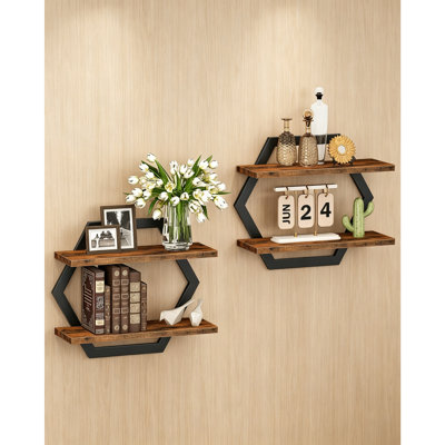 Set of 2 2-Tier Hexagon Floating Wall Shelves, Rustic Brown Wood with Black Metal Frame Wall Mounted Hanging Storage Display Shelving for Living Room, Bedroom, Kitchen, Home Office & Study Wall Décor