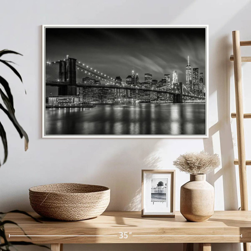 Brooklyn Bridge Nightly Impressions, 25 po x 17 po, Cadre flottant blanc