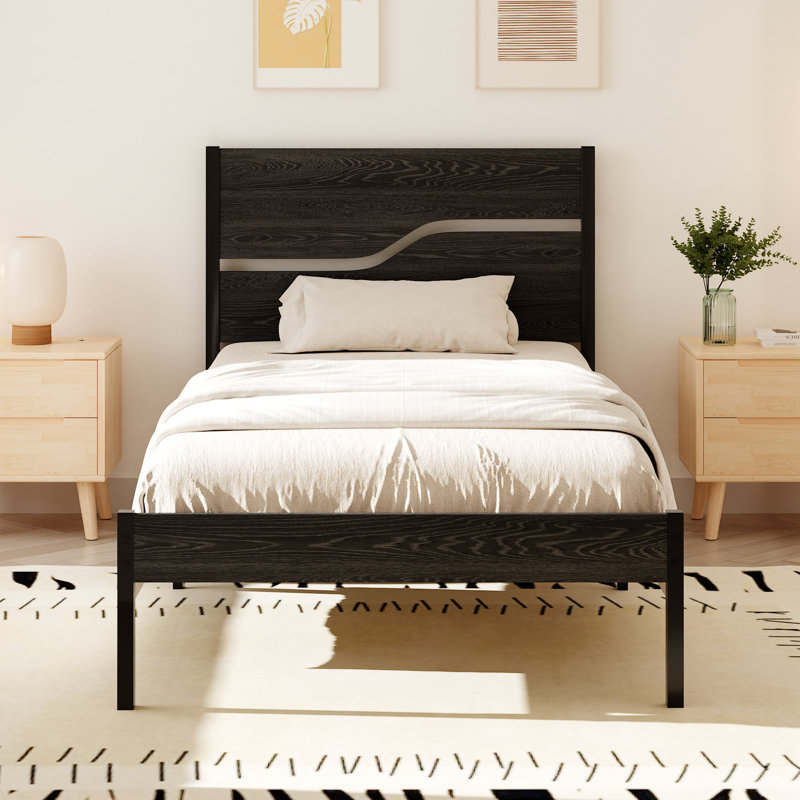 Bed Frame Single Double Size, Metal Platform Bed Frame with Wood Headboard and Footboard, Strong Steel Slats Support, No Box Spring Needed, Easy Assembly