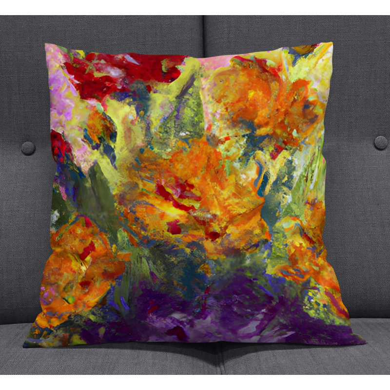 Throw Pillow With Insert, Green/Orange/Purple Floral 2, 18"H x 18"W