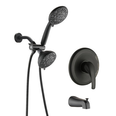 High Shower Tub - Matte Black. Dual 2 In 1 Faucet. 7 Spray Modes Head & Hand Shower. All Metal Structure. 1.8 Gpm Flow. 59" Hose Length. 1/2" Connection. Wall Mounted System With Spout To Fatigue.