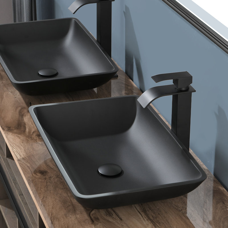 Topcraft 22" Matte Black Glass Rectangular Vessel Bathroom Sink with Faucet and Pop-up Drain