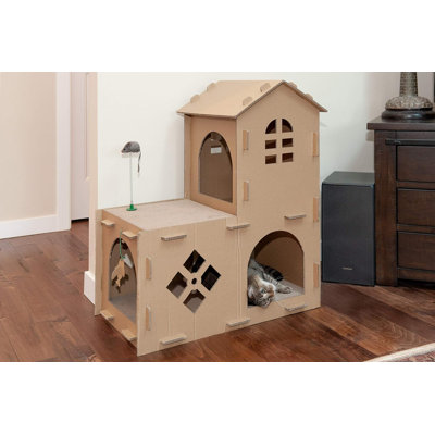 Maison de chat à plusieurs niveaux en carton avec de l'herbe à chat pour chats d'intérieur, pi Grattoirs et jouets