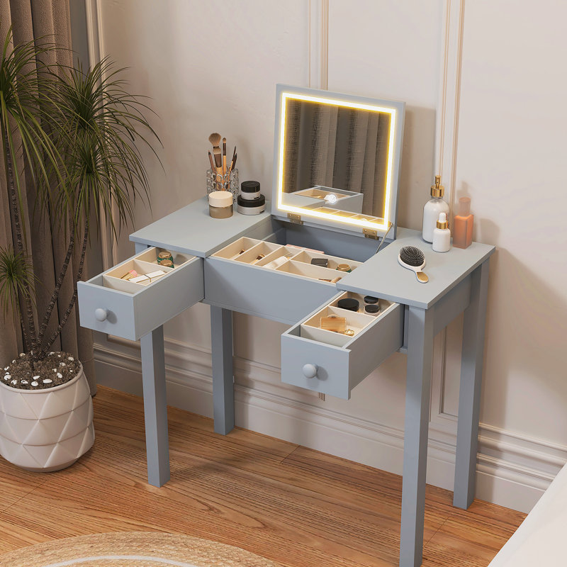 Élégante coiffeuse grise avec lumières DEL, miroir rabattable et 2 tiroirs, rangement pour bijoux pour femmes, Gris