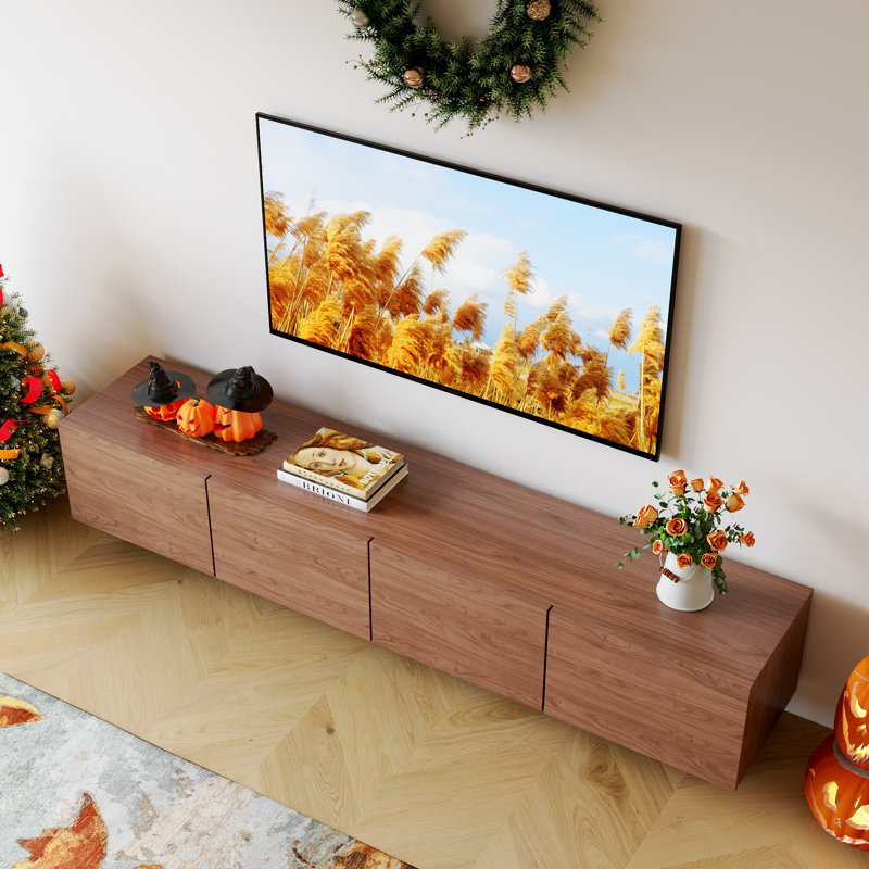 Meuble télé 94,5 po Modern avec armoires de rangement et finition noyer, H 22 po x L 94,5 po x l 15 po