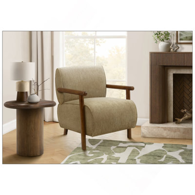Chaise d'appoint, H 31 po, rembourrée, salon, chambre à coucher, tissu brun clair, bois de noyer brun, moderne, Mid-Century