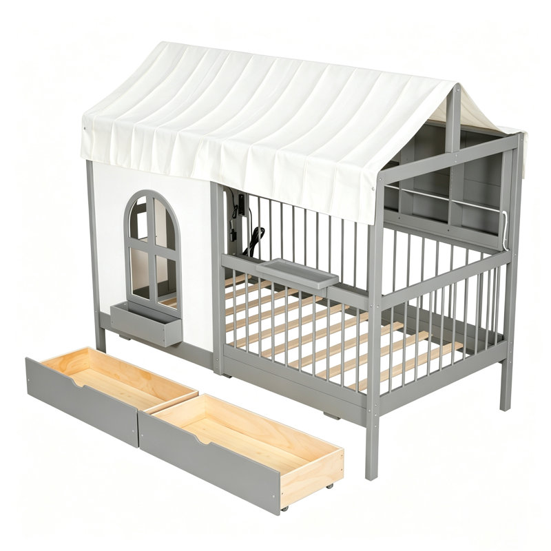 2 Drawers Full Size House Style Bed With Lighted Storage Shelves, Roof And Guardrails, Gray, Full