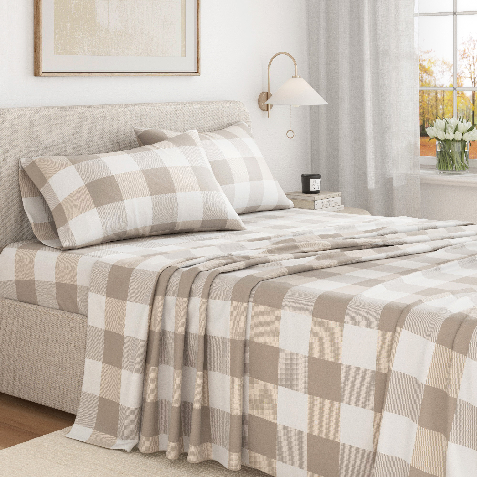 100% Turkish Cotton Flannel Solid & Plaid Sheet Sets, Buffalo Check - Soft Taupe / Pale Gray