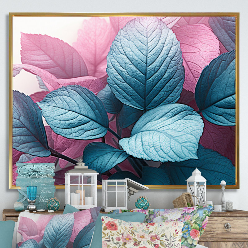Feuille de splendeur rose turquoise sur toile, H 12 po x l 20 po x P 1 po, Cadre flottant doré