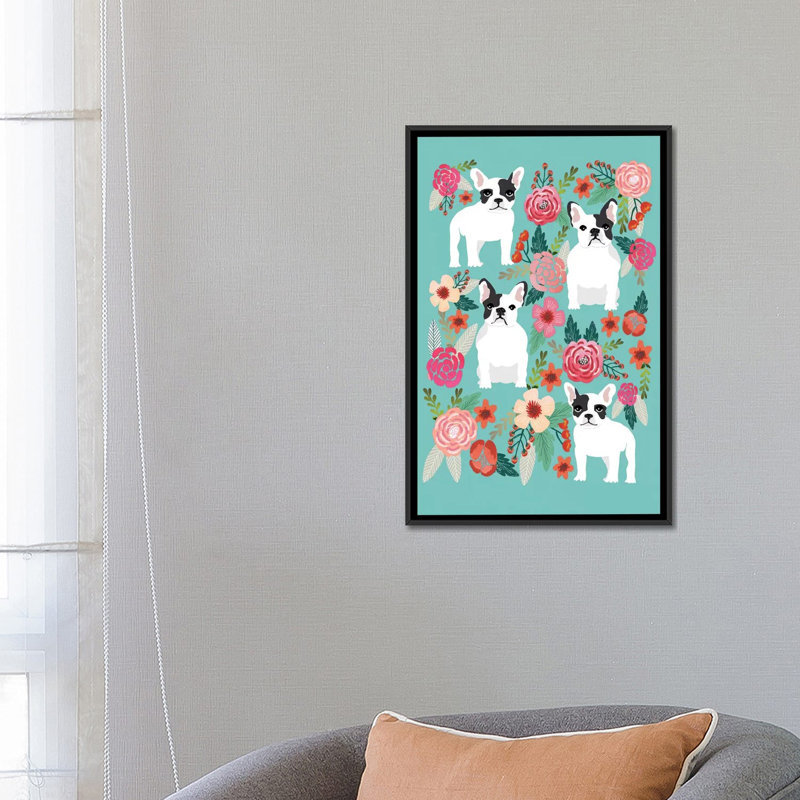 Collage floral français bouledogue, impression sur toile tendue, H 60 po x l 40po x P 1,5 po, Toile avec cadre noir