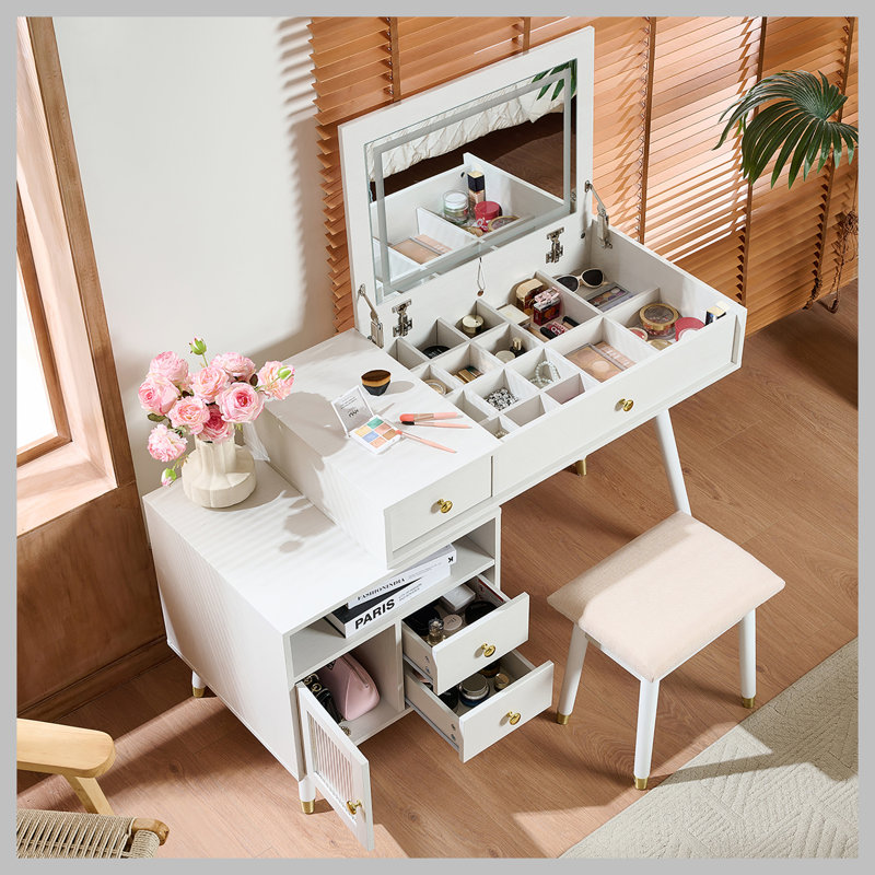 Bureau de coiffeuse 3 en 1 avec miroir basculant éclairé et armoire réglable, coiffeuse à maquillage avec tabouret, commode avec tiroirs pour la chambre à coucher, blanc