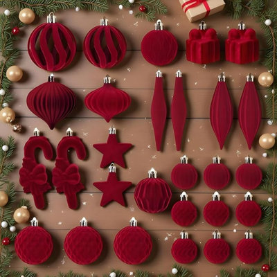 Ensemble de 28 ornements de Noël en velours assortis, ornements de velours de Noël incassables assortis, décorations d'arbre suspendus pour décorations de fêtes